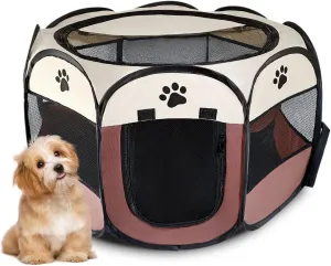Pet Puppy Dog Playpen Portable, 27 Foldable Crate for Small Dog and Cat,Dog Kennel with Carry Bag, Pop Up Dog Playpen((Brown)