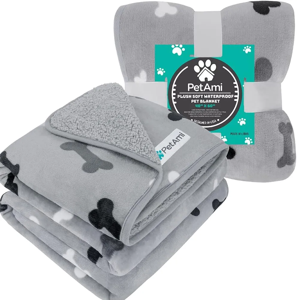 PetAmi Waterproof Dog Blanket Sherpa Fleece, Pet Medium Large Dogs, Reversible Cat Throw Bed Couch Sofa Furniture Protector, Soft Plush Microfiber (Large 40x60, Bone Print Gray), (40x60)