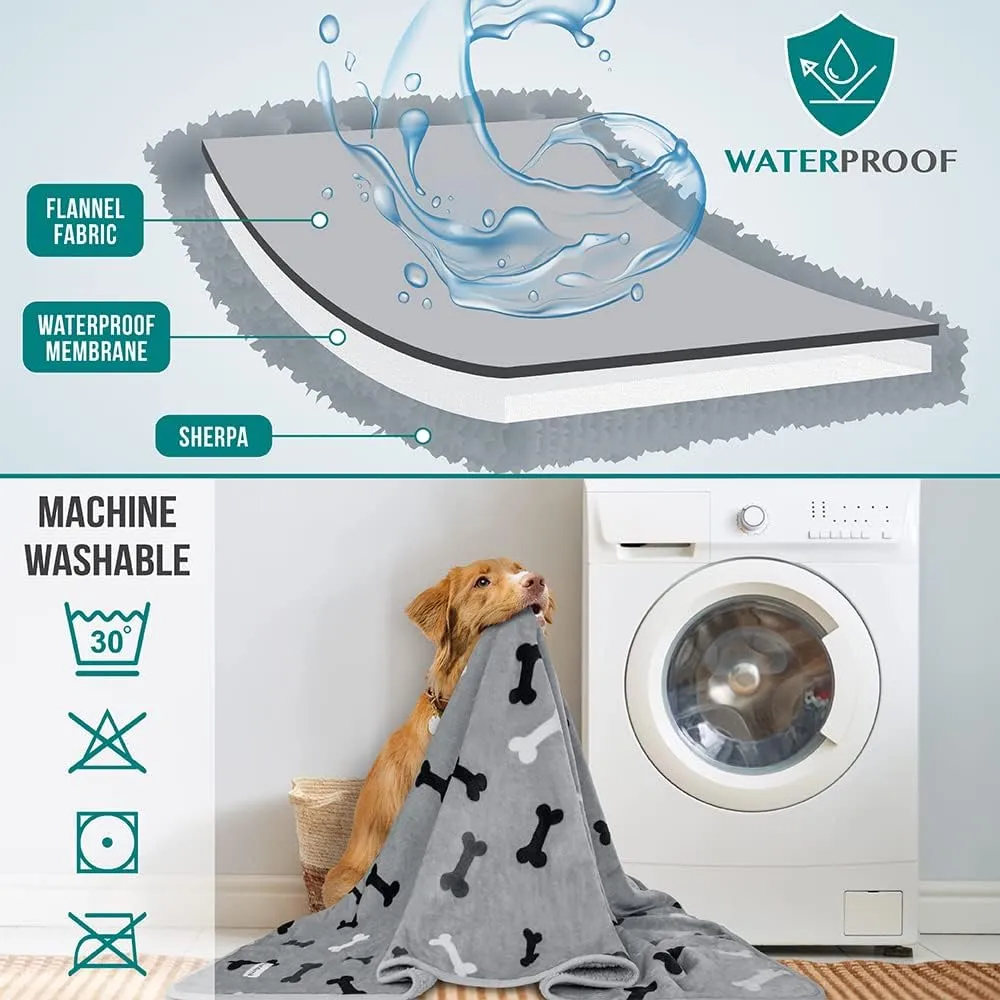 PetAmi Waterproof Dog Blanket Sherpa Fleece, Pet Medium Large Dogs, Reversible Cat Throw Bed Couch Sofa Furniture Protector, Soft Plush Microfiber (Large 40x60, Bone Print Gray), (40x60)