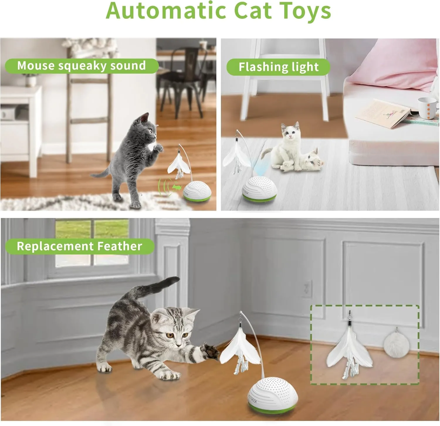 PETGEEK Automatic Cat Toy, Interactive Cat Toy with Mouse Sound Squeaky, Kitty Toys for Cat Small, Feather Cat Toys for Indoor Cats, Best Gift for Birthday, Thanksgiving, Christmas, New Year