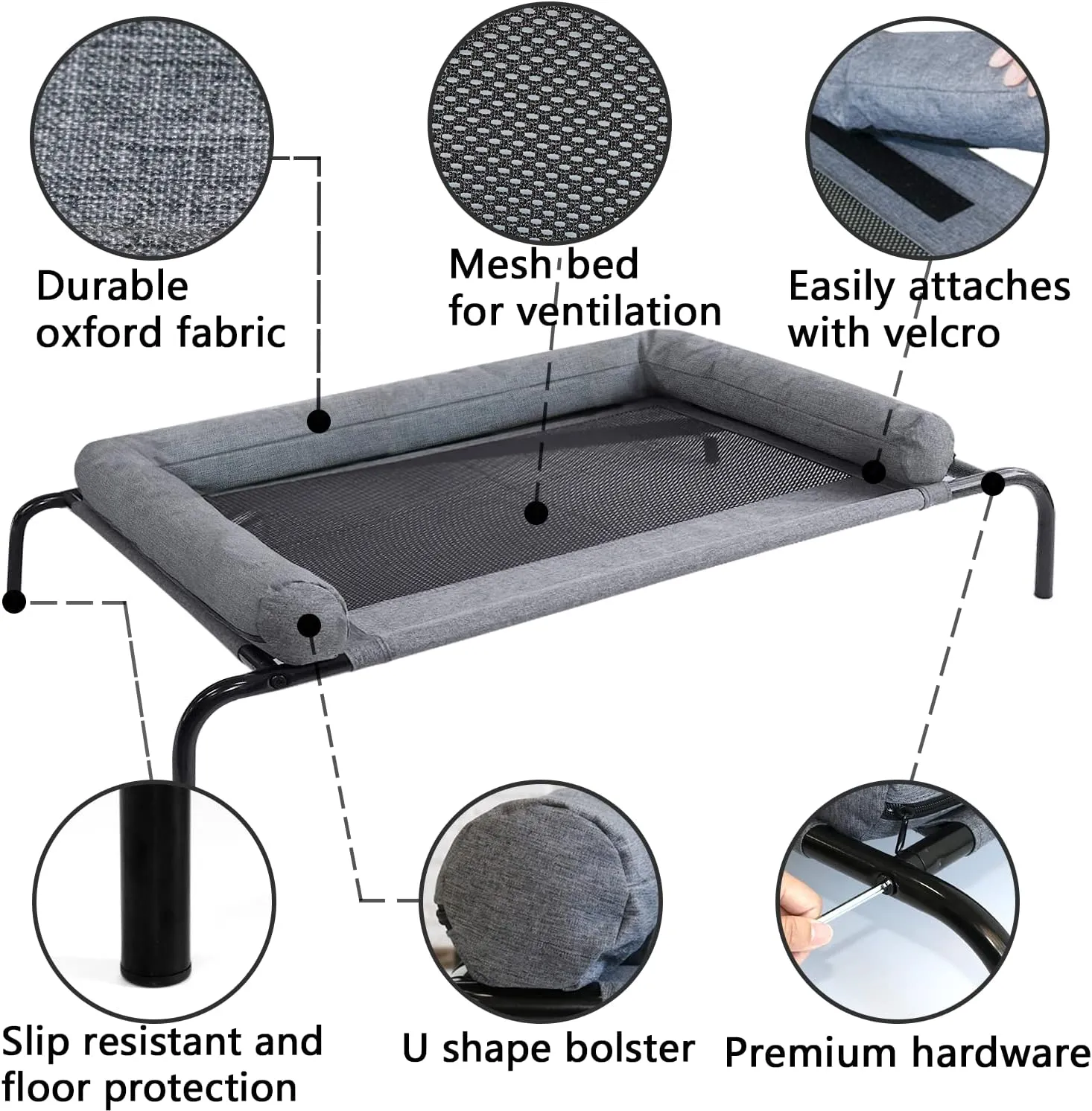 PETIME Cooling Elevated Pet Cushion Bed Raised Dog Cot for Small Dogs, Portable Indoor & Outdoor Pet Hammock, Frame with Breathable Mesh and Removable Bolsters (48 Inch)