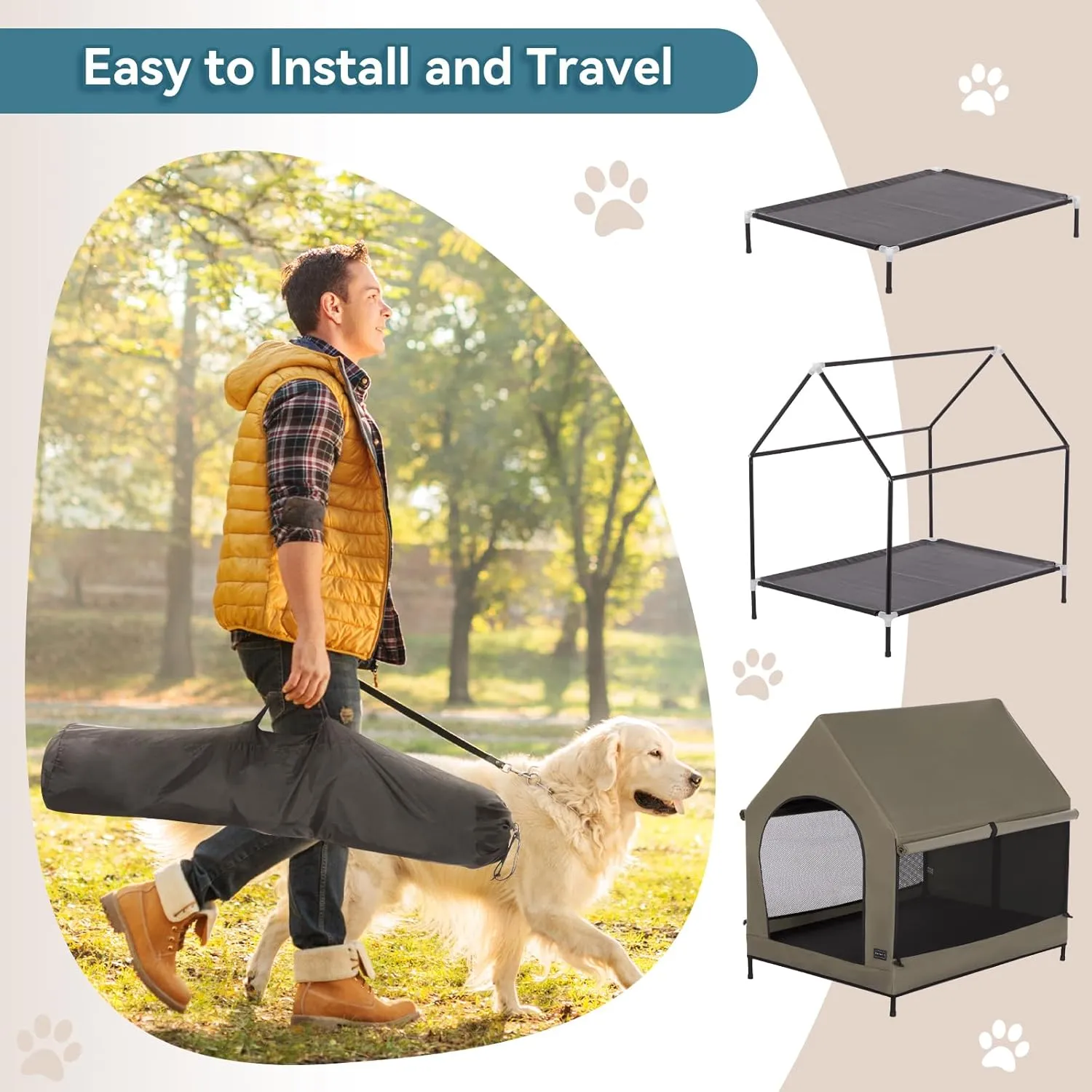 PETSFIT Dog House Outdoor, Upgraded Dog Shelter with Durable PVC Canopy, Breathable Mesh Windows and Sunshades, Elevated Dog Bed with Protable Carring Case (Brown)