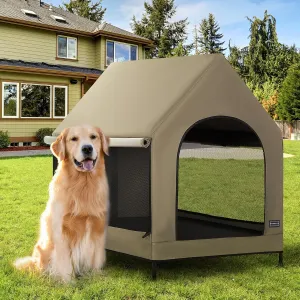 PETSFIT Dog House Outdoor, Upgraded Dog Shelter with Durable PVC Canopy, Breathable Mesh Windows and Sunshades, Elevated Dog Bed with Protable Carring Case (Brown)