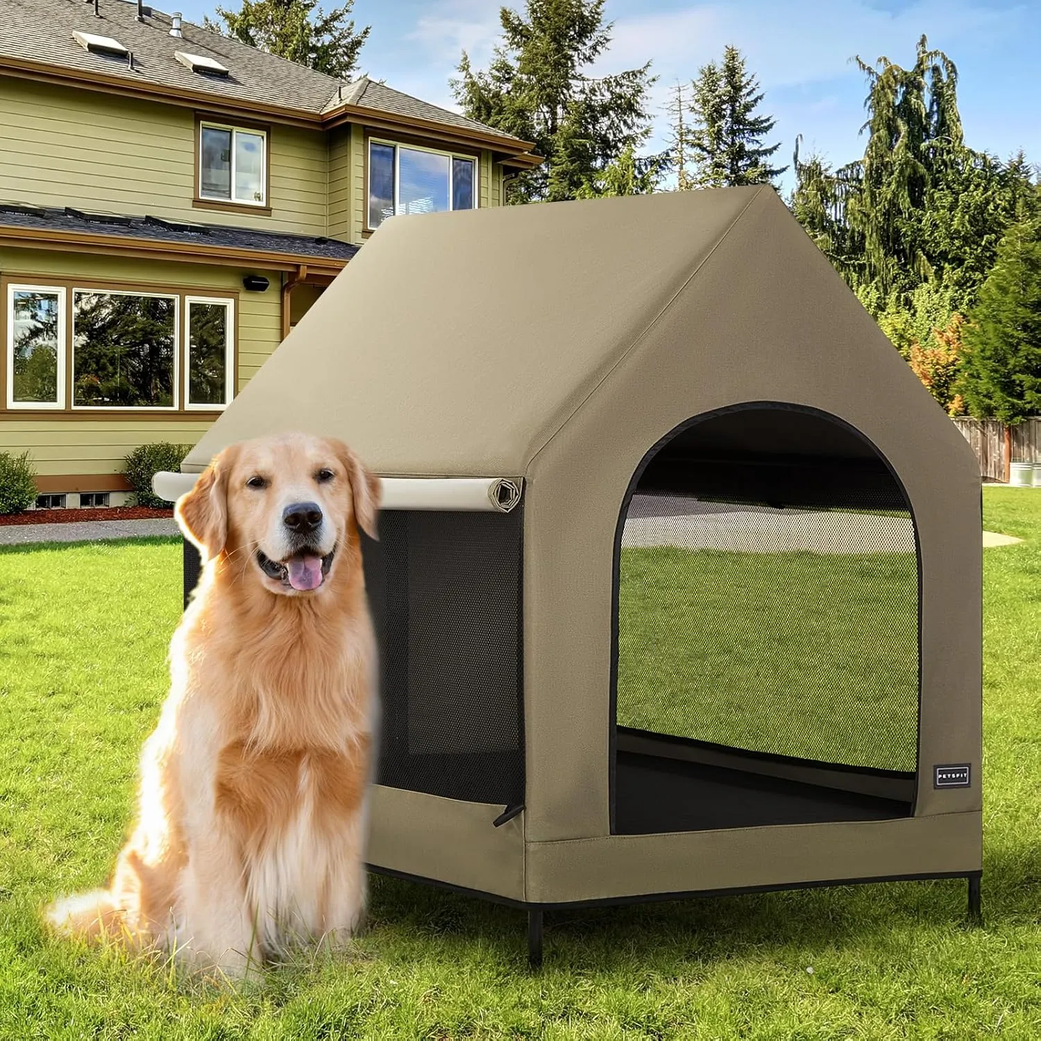 PETSFIT Dog House Outdoor, Upgraded Dog Shelter with Durable PVC Canopy, Breathable Mesh Windows and Sunshades, Elevated Dog Bed with Protable Carring Case (Brown)