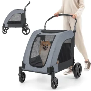 PETSITE Large Dog Stroller, Foldable Pet Stroller with Safety Belt, Adjustable Handle, Breathable Mesh & Removable Pad, 4 Wheels Dog Jogging Carriage Travel Cart up to 132 lbs (Grey)