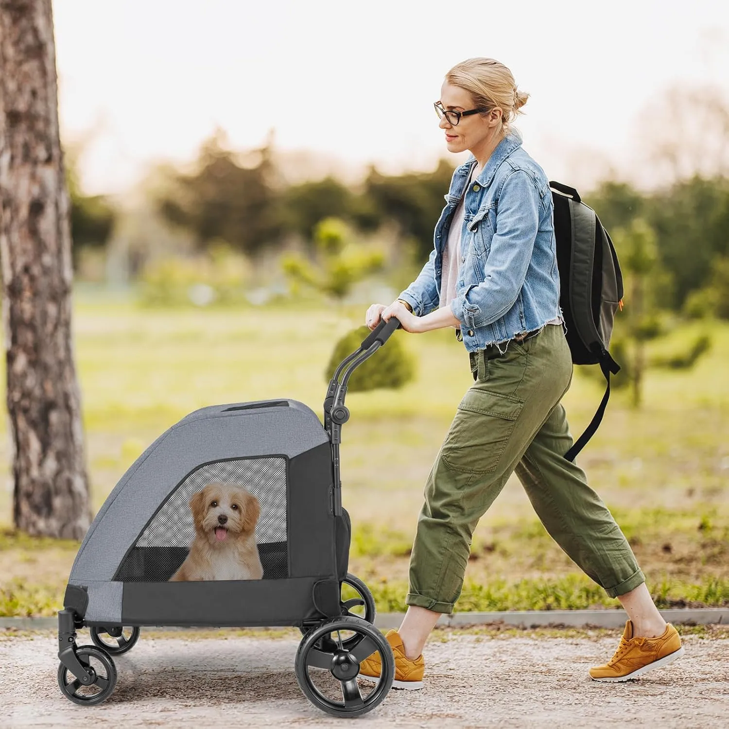 PETSITE Large Dog Stroller, Foldable Pet Stroller with Safety Belt, Adjustable Handle, Breathable Mesh & Removable Pad, 4 Wheels Dog Jogging Carriage Travel Cart up to 132 lbs (Grey)