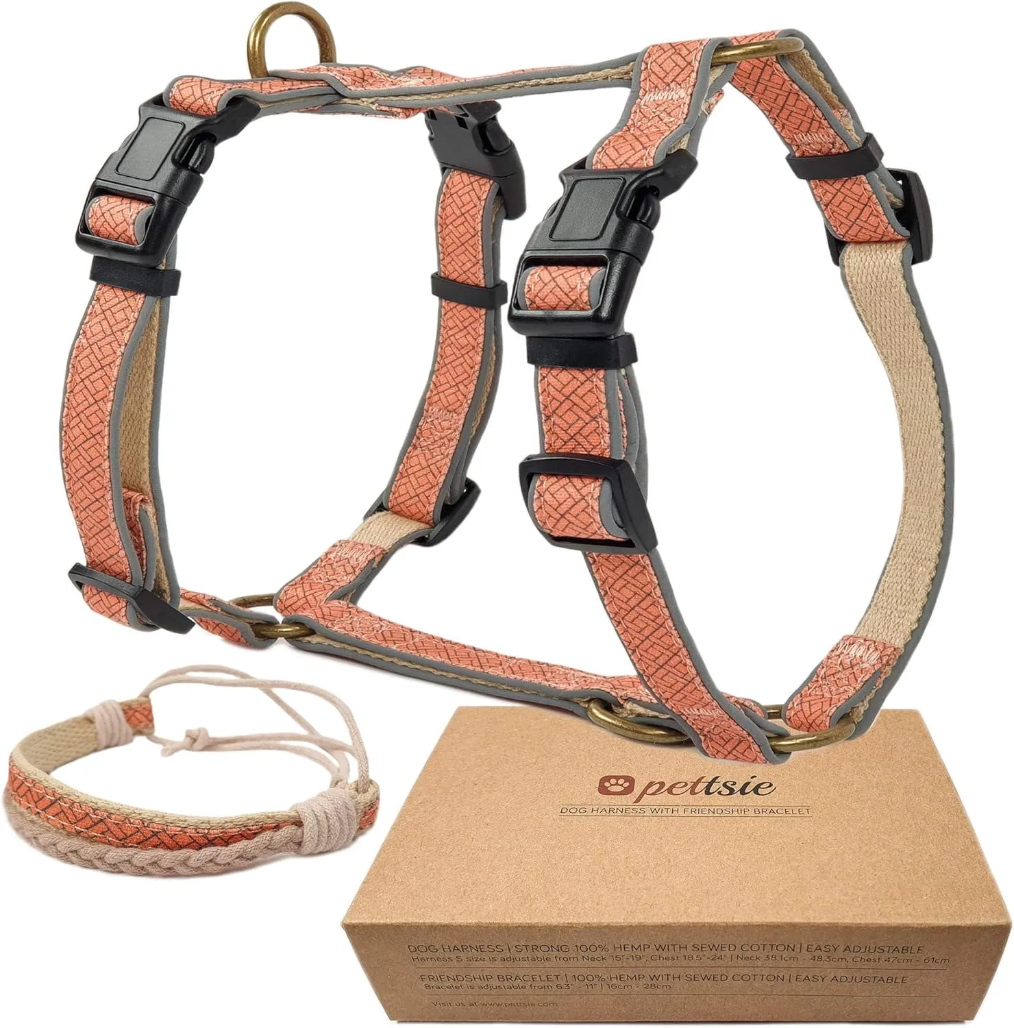 Pettsie No-Pull Dog Harness with Reflective Strips & Matching Bracelet  Adjustable Comfort Fit, Dual Leash Clips, Soft & Durable Hemp, Training & Walking Harness for Small, Medium & Large Dogs