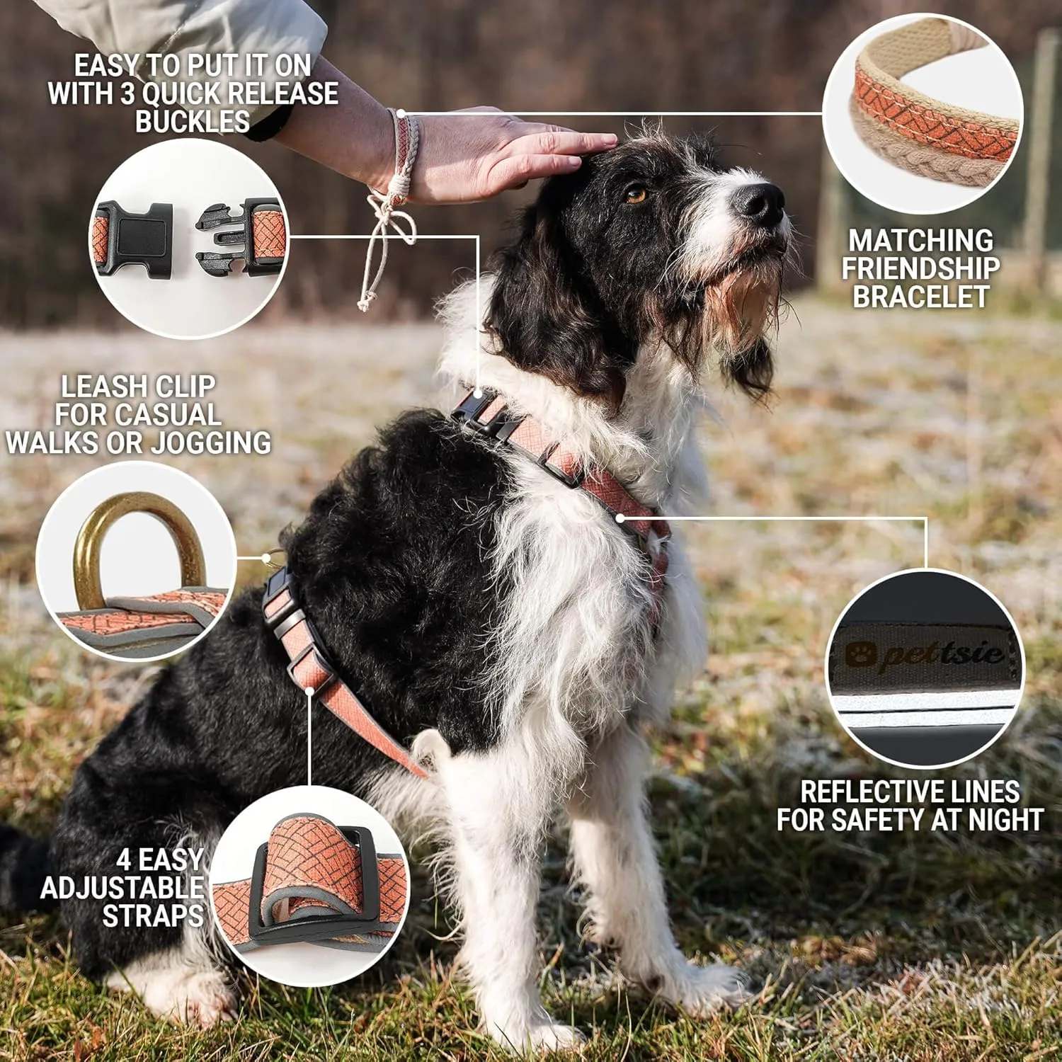 Pettsie No-Pull Dog Harness with Reflective Strips & Matching Bracelet  Adjustable Comfort Fit, Dual Leash Clips, Soft & Durable Hemp, Training & Walking Harness for Small, Medium & Large Dogs