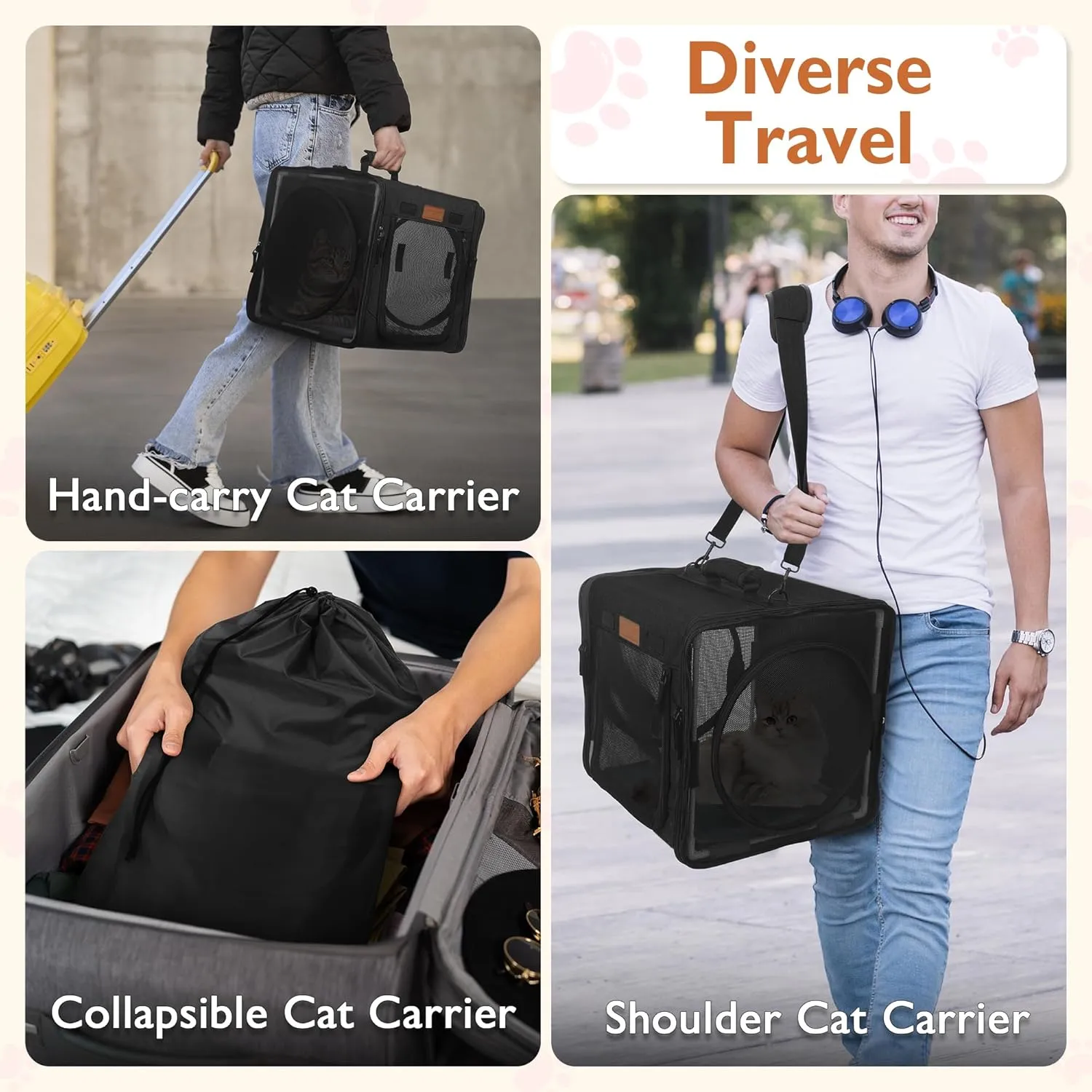 PETUX 2-in-1 Cat Carrier for 2 Small Cats and Dogs, 28"x14"x14" Collapsible Cat Travel Carriers with Little Box, Portable Soft Pet Carrier with Tunnels and Hammock for Gift, Indoor, Outdoor (Black)