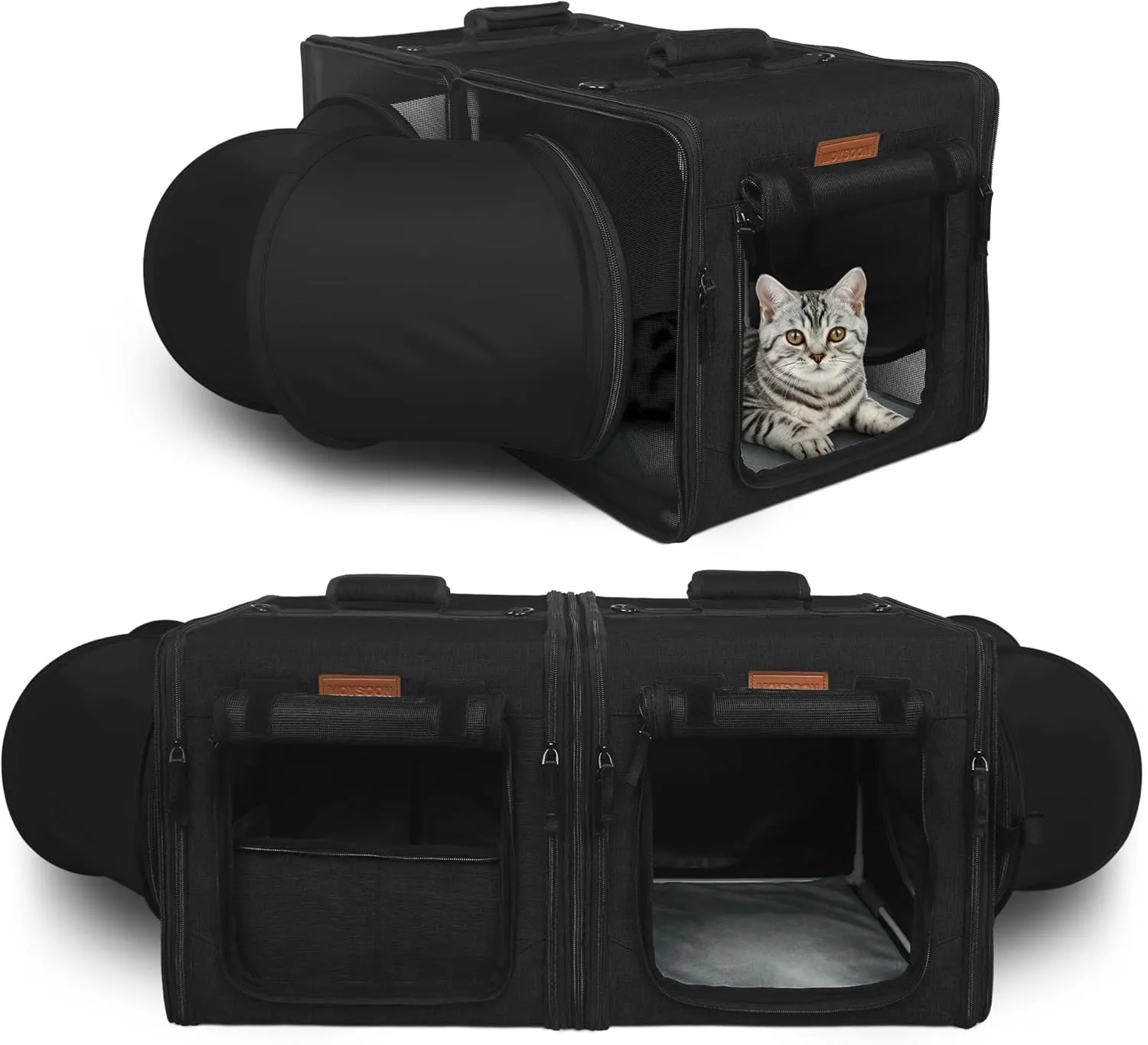 PETUX 2-in-1 Cat Carrier for 2 Small Cats and Dogs, 28"x14"x14" Collapsible Cat Travel Carriers with Little Box, Portable Soft Pet Carrier with Tunnels and Hammock for Gift, Indoor, Outdoor (Black)