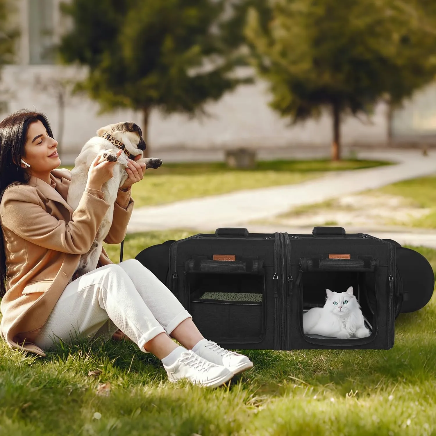 PETUX 2-in-1 Cat Carrier for 2 Small Cats and Dogs, 28"x14"x14" Collapsible Cat Travel Carriers with Little Box, Portable Soft Pet Carrier with Tunnels and Hammock for Gift, Indoor, Outdoor (Black)