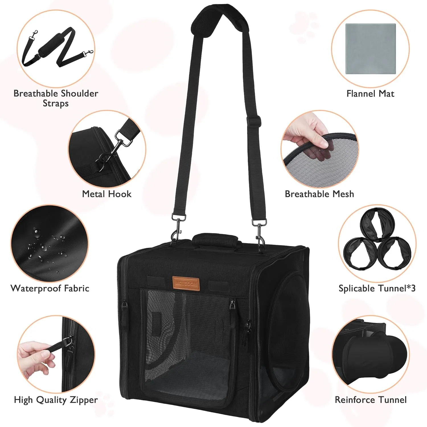 PETUX 2-in-1 Cat Carrier for 2 Small Cats and Dogs, 28"x14"x14" Collapsible Cat Travel Carriers with Little Box, Portable Soft Pet Carrier with Tunnels and Hammock for Gift, Indoor, Outdoor (Black)