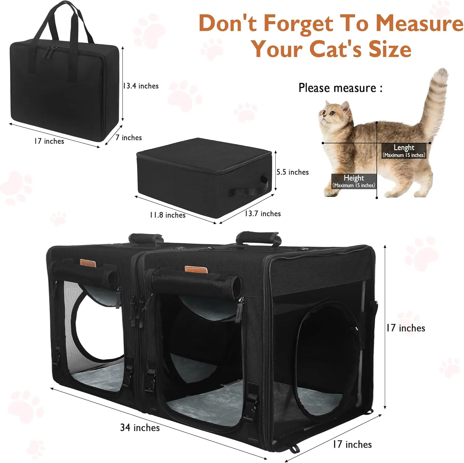 PETUX Collapsible Cat Carrier for 2 Cats, 2-in-1 Portable Pet Carrier for Small Dogs, Soft Cat Travel Carriers with Little Box, Tunnels and Hammock for Gift, Indoor, Outdoor (34"x17"x17", Black)