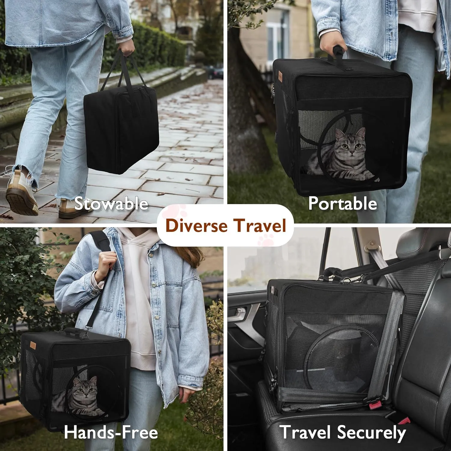 PETUX Collapsible Cat Carrier for 2 Cats, 2-in-1 Portable Pet Carrier for Small Dogs, Soft Cat Travel Carriers with Little Box, Tunnels and Hammock for Gift, Indoor, Outdoor (34"x17"x17", Black)