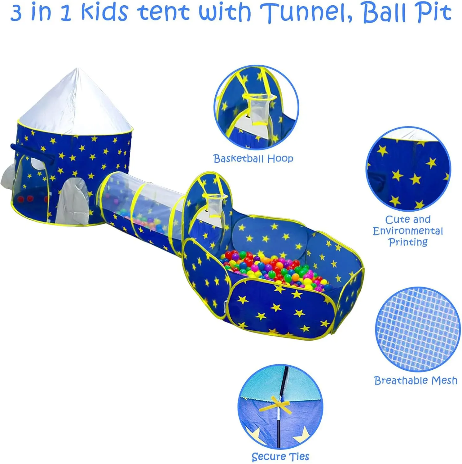 PigPigPen 3pc Kids Play Tent for Boys with Ball Pit, Crawl Tunnel, Princess Tents for Toddlers, Baby Space World Playhouse Toys, Boys Indoor& Outdoor Play House, Perfect Kids Gifts