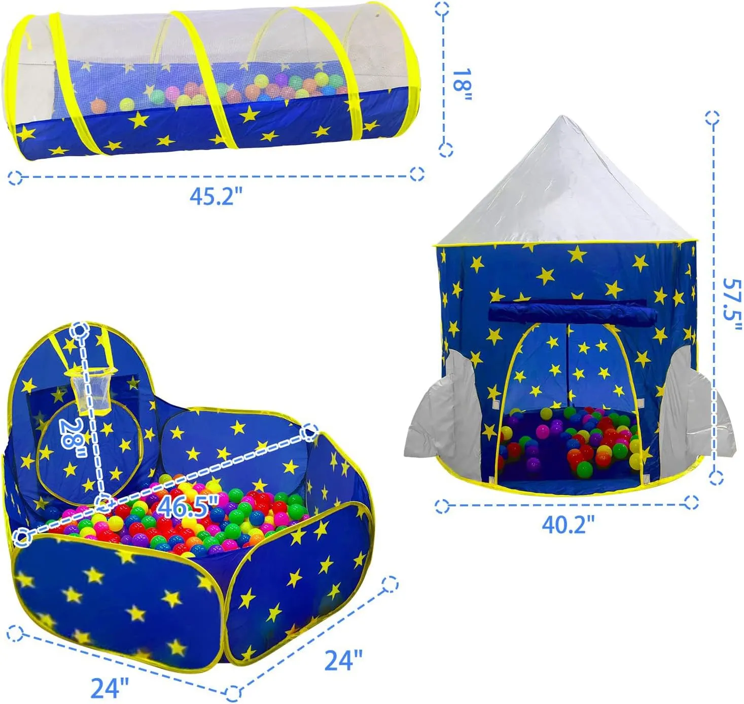 PigPigPen 3pc Kids Play Tent for Boys with Ball Pit, Crawl Tunnel, Princess Tents for Toddlers, Baby Space World Playhouse Toys, Boys Indoor& Outdoor Play House, Perfect Kids Gifts