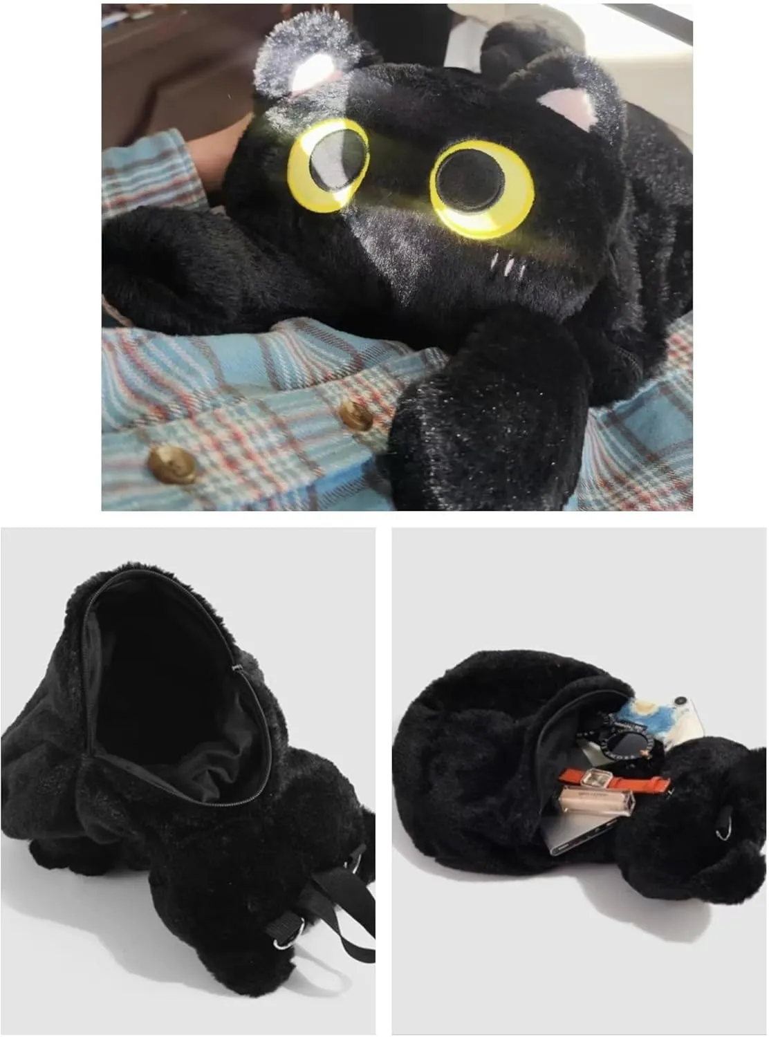 Plush Backpack,Cat Bag,Stuffed Animal Backpack,Cute Cartoon backpack,Plush Bag (A-Black Cat)