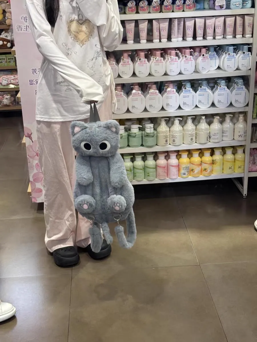 Plush Backpack,Cat Bag,Stuffed Animal Backpack,Cute Cartoon backpack,Plush Bag (C-Gray Cat)