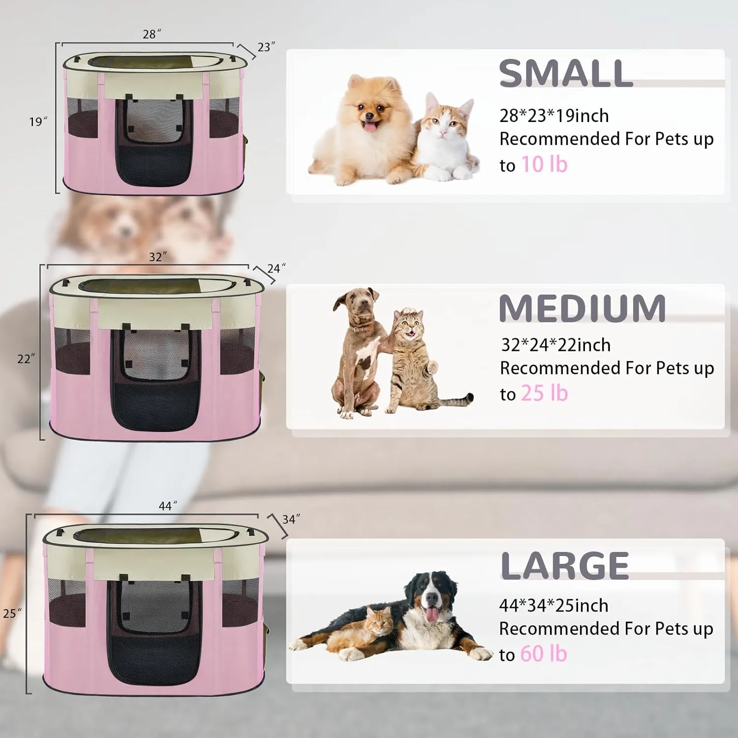 Portable Dog Playpen,Foldable Dog Cat Kennel Tent Cage,Dog Cat Rabbit Crates for Travel Water-Resistant Breathable Shade Cover,Indoor Outdoor Travel Camping Use for Small Puppy Pet Pink L