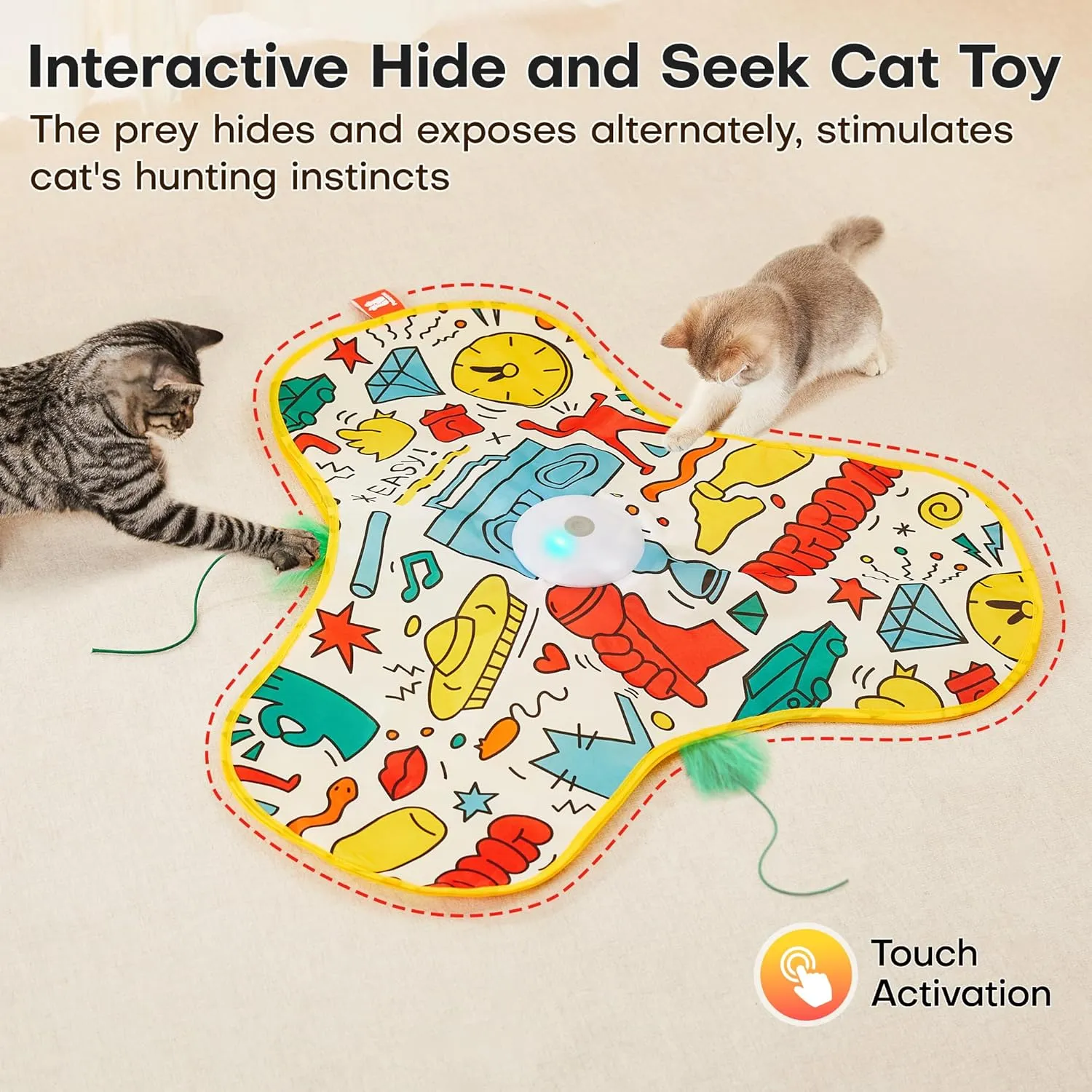 Potaroma Cat Feather Toys Interactive, Unpredicatable in-The-Cover Moving Feather, Hide and Seek Kitten Wand Toy, Rechargeable Automatic Indoor Cat Toy, Exercise Kicker for All Breeds, Graffiti Cover