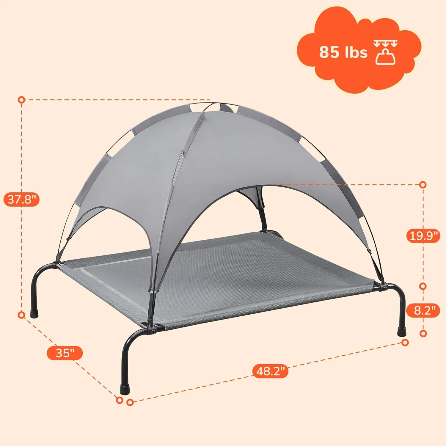 PRAISUN XL Outdoor Dog Bed with Canopy, Elevated Dog Bed, Textilene Mesh, Metal Frame for Indoors, Outdoors, Lawn, Dark Grey
