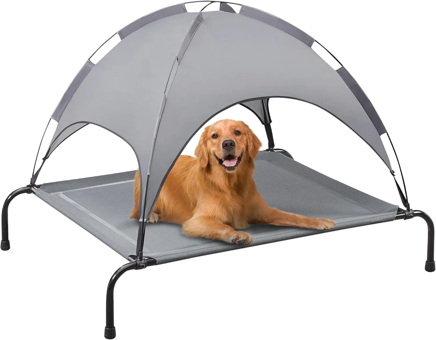 PRAISUN XL Outdoor Dog Bed with Canopy, Elevated Dog Bed, Textilene Mesh, Metal Frame for Indoors, Outdoors, Lawn, Dark Grey