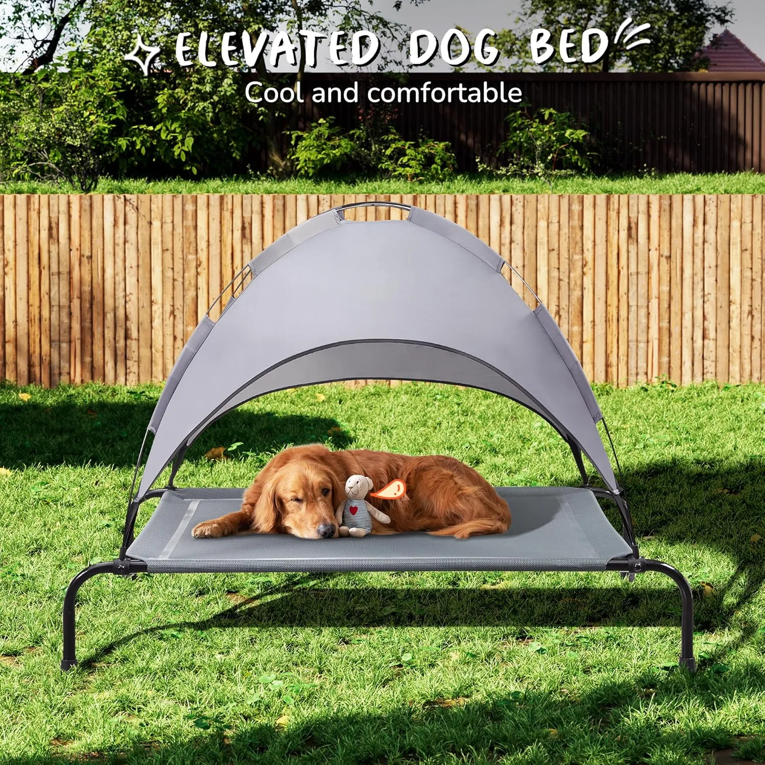PRAISUN XL Outdoor Dog Bed with Canopy, Elevated Dog Bed, Textilene Mesh, Metal Frame for Indoors, Outdoors, Lawn, Dark Grey