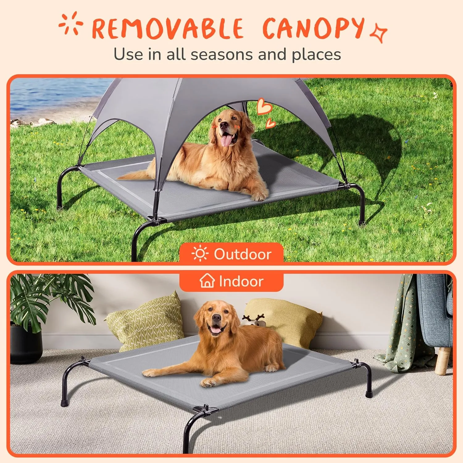 PRAISUN XL Outdoor Dog Bed with Canopy, Elevated Dog Bed, Textilene Mesh, Metal Frame for Indoors, Outdoors, Lawn, Dark Grey