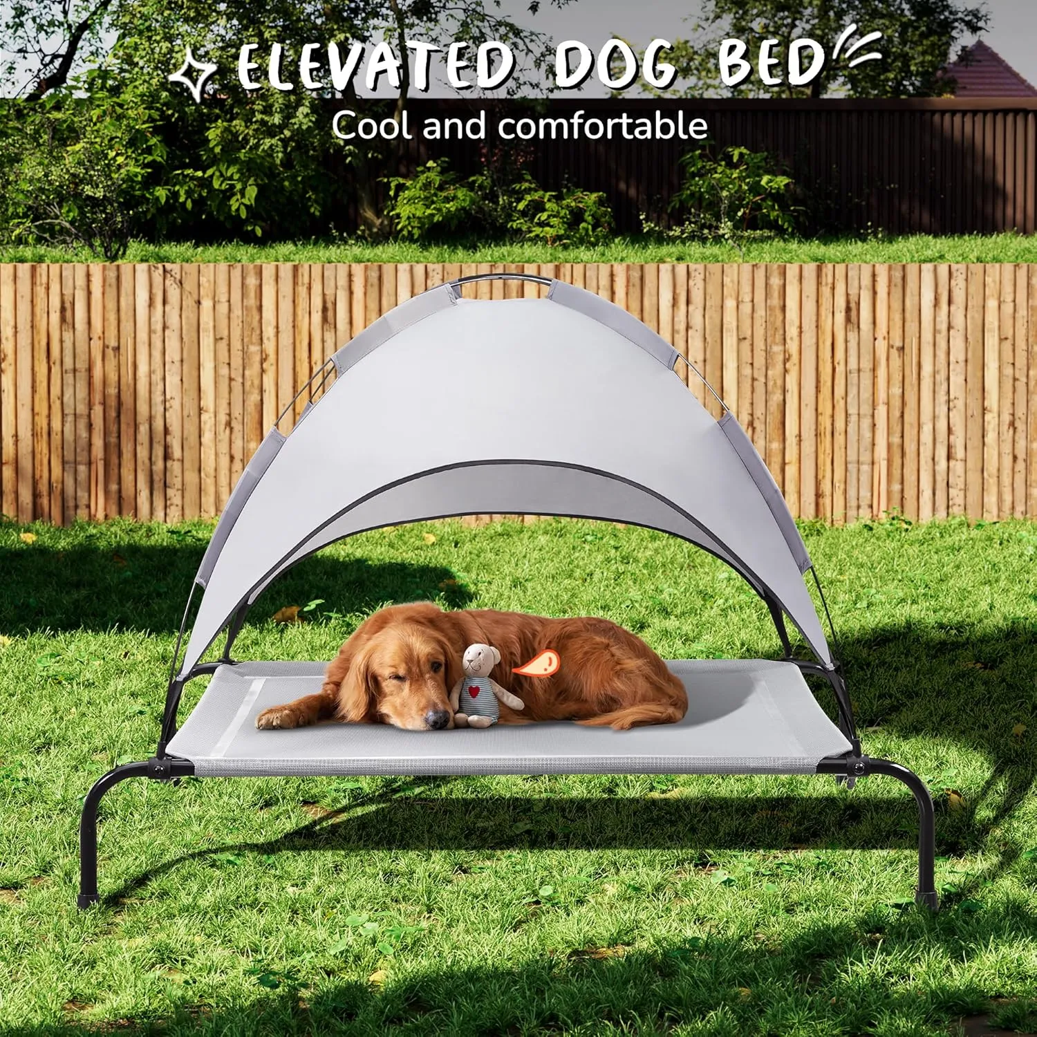 PRAISUN XL Outdoor Dog Bed with Canopy, Elevated Dog Bed, Textilene Mesh, Metal Frame for Indoors, Outdoors, Lawn, Sliver Grey