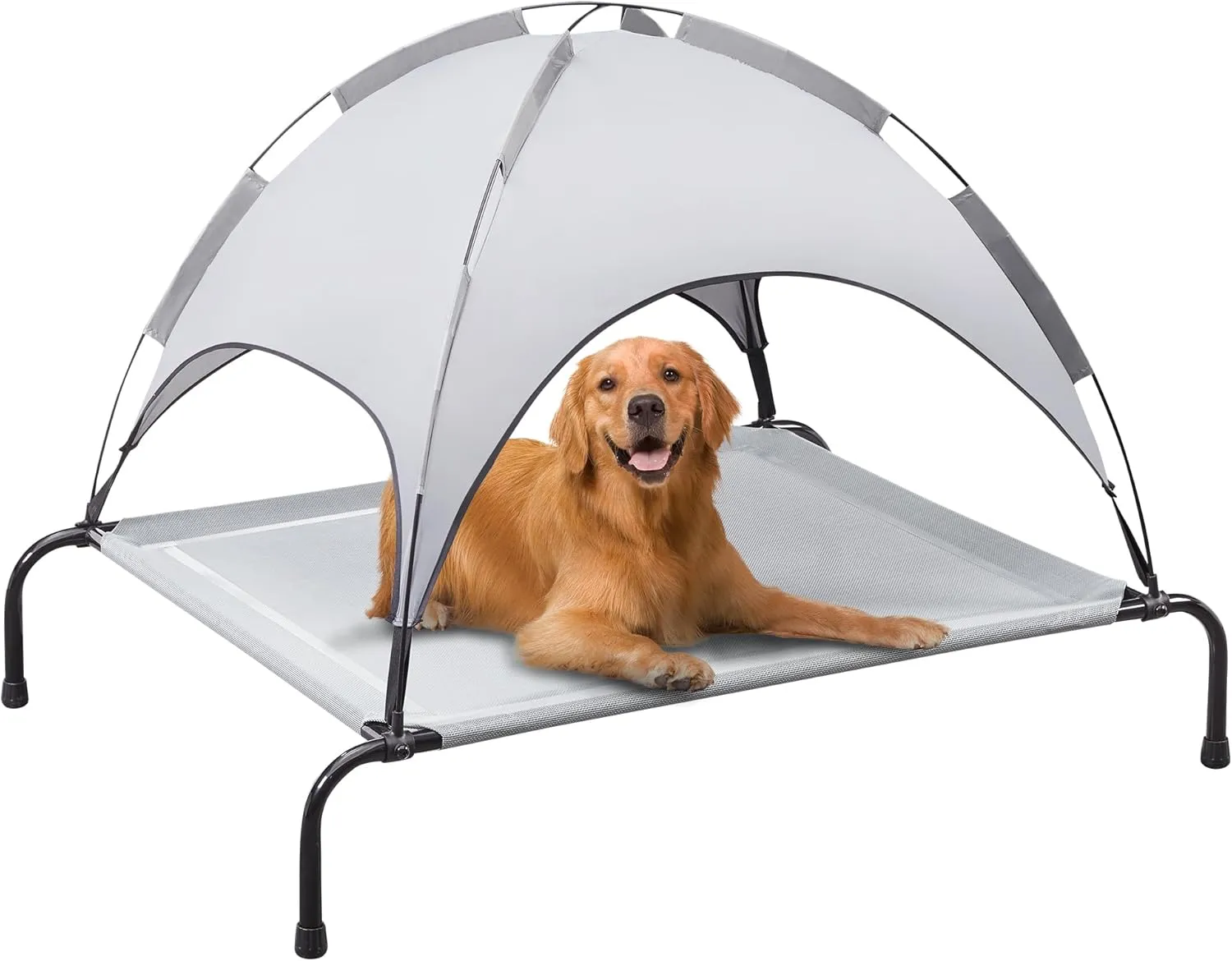 PRAISUN XL Outdoor Dog Bed with Canopy, Elevated Dog Bed, Textilene Mesh, Metal Frame for Indoors, Outdoors, Lawn, Sliver Grey