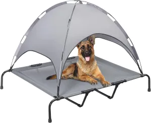 PRAISUN XXL Outdoor Dog Bed with Canopy, Elevated Dog Bed, Textilene Mesh, Metal Frame for Indoors, Outdoors, Lawn, Dark Grey