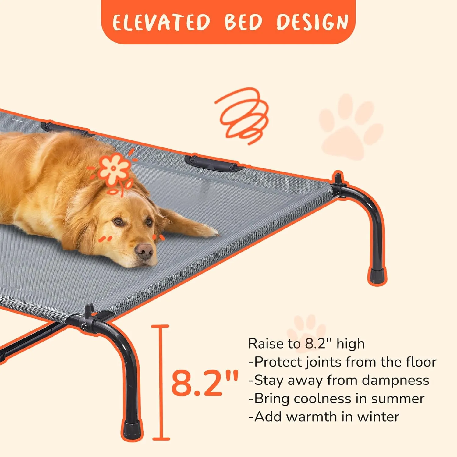 PRAISUN XXL Outdoor Dog Bed with Canopy, Elevated Dog Bed, Textilene Mesh, Metal Frame for Indoors, Outdoors, Lawn, Dark Grey