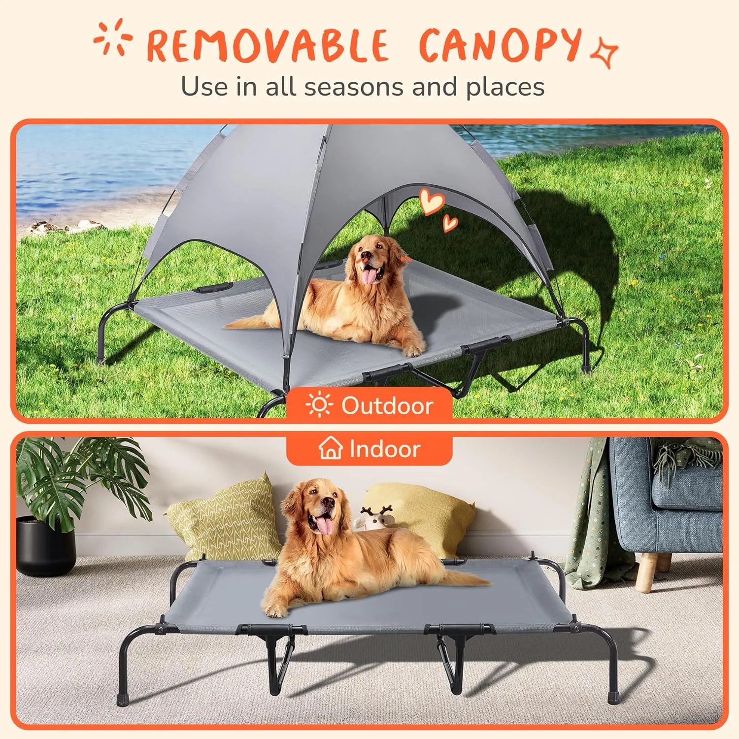 PRAISUN XXL Outdoor Dog Bed with Canopy, Elevated Dog Bed, Textilene Mesh, Metal Frame for Indoors, Outdoors, Lawn, Dark Grey