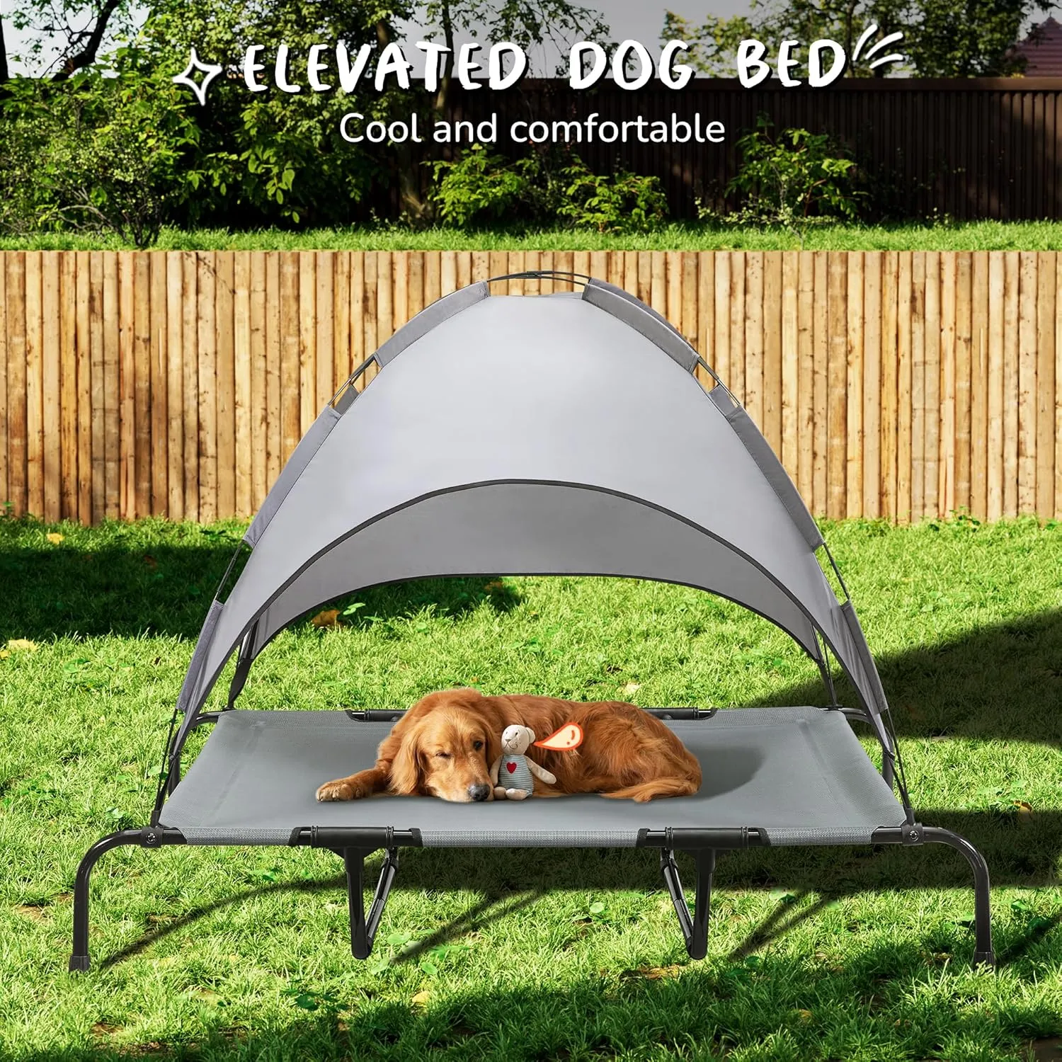 PRAISUN XXL Outdoor Dog Bed with Canopy, Elevated Dog Bed, Textilene Mesh, Metal Frame for Indoors, Outdoors, Lawn, Dark Grey