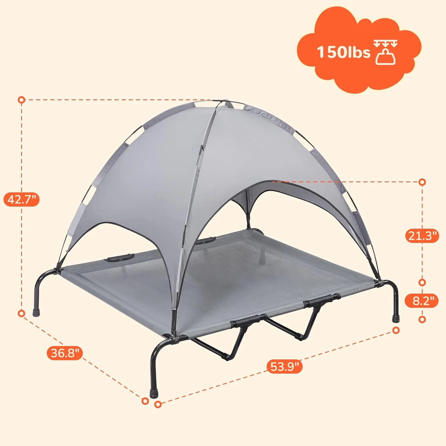 PRAISUN XXL Outdoor Dog Bed with Canopy, Elevated Dog Bed, Textilene Mesh, Metal Frame for Indoors, Outdoors, Lawn, Dark Grey