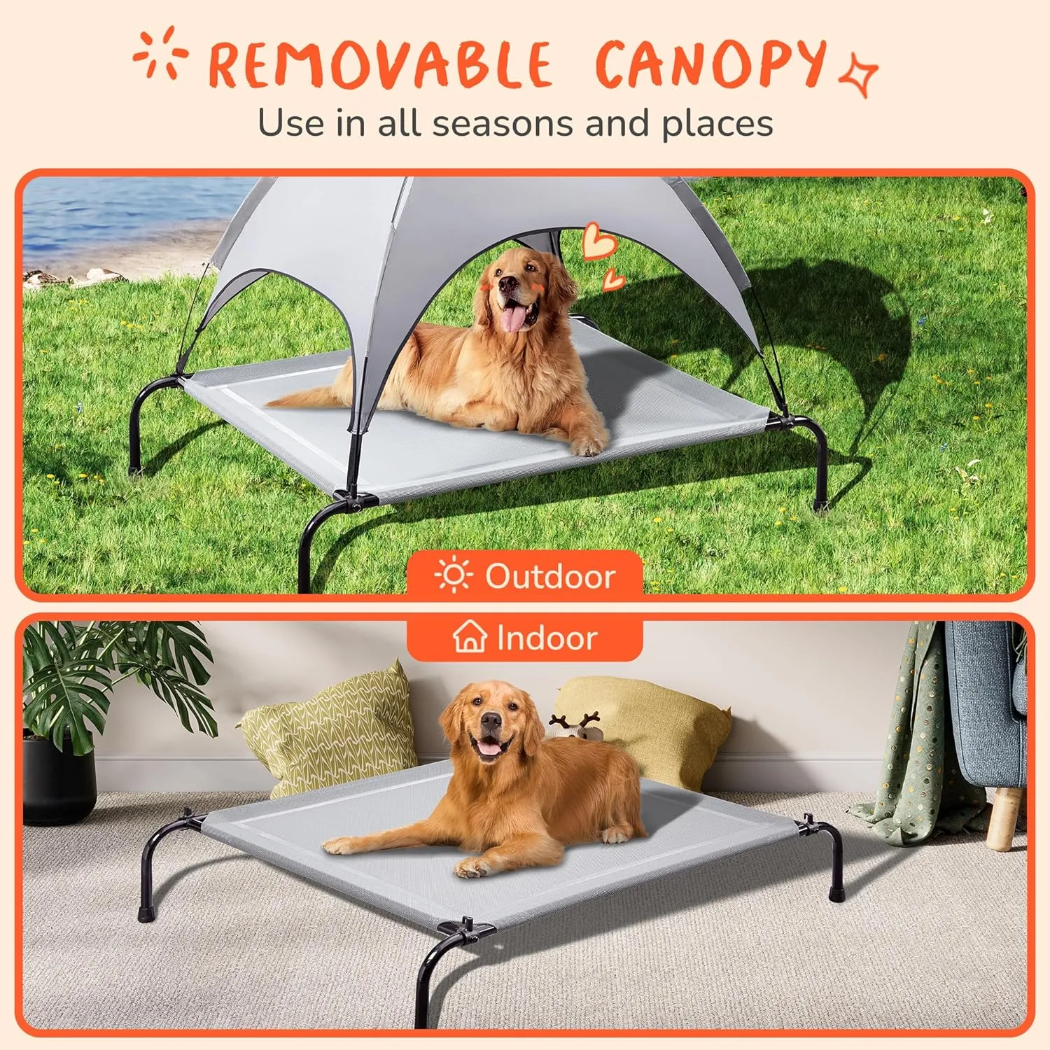 PRAISUN XXL Outdoor Dog Bed with Canopy, Elevated Dog Bed, Textilene Mesh, Metal Frame for Indoors, Outdoors, Lawn, Sliver Grey