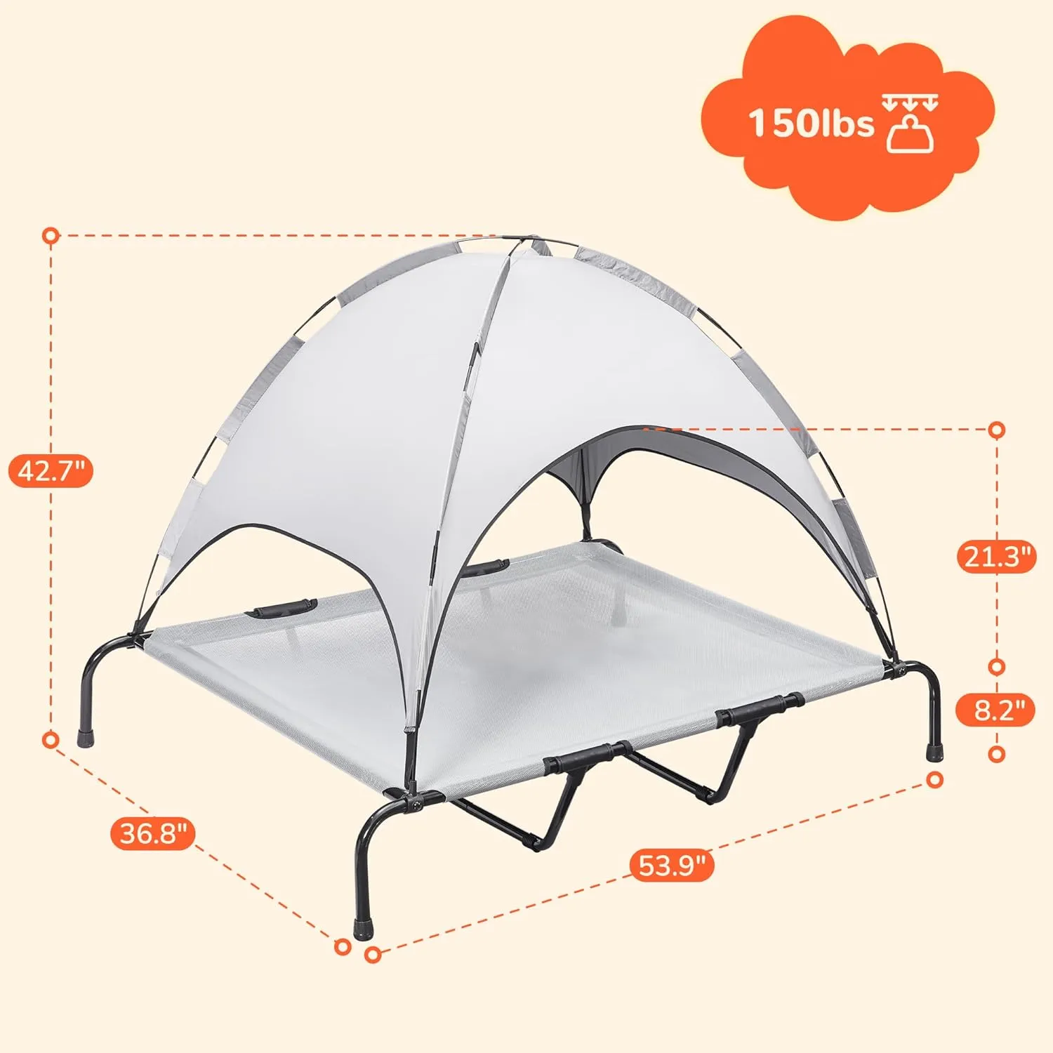 PRAISUN XXL Outdoor Dog Bed with Canopy, Elevated Dog Bed, Textilene Mesh, Metal Frame for Indoors, Outdoors, Lawn, Sliver Grey