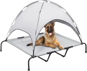 PRAISUN XXL Outdoor Dog Bed with Canopy, Elevated Dog Bed, Textilene Mesh, Metal Frame for Indoors, Outdoors, Lawn, Sliver Grey