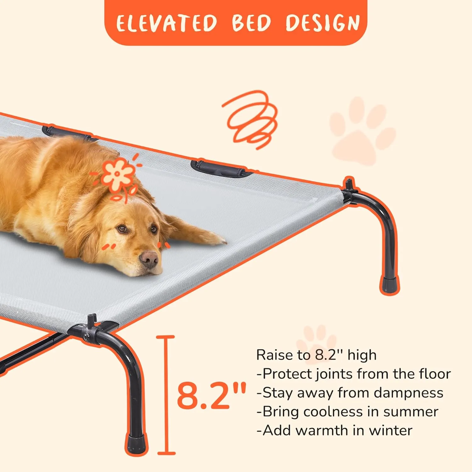 PRAISUN XXL Outdoor Dog Bed with Canopy, Elevated Dog Bed, Textilene Mesh, Metal Frame for Indoors, Outdoors, Lawn, Sliver Grey