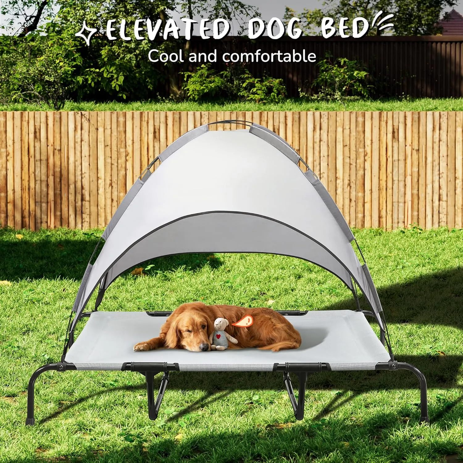 PRAISUN XXL Outdoor Dog Bed with Canopy, Elevated Dog Bed, Textilene Mesh, Metal Frame for Indoors, Outdoors, Lawn, Sliver Grey