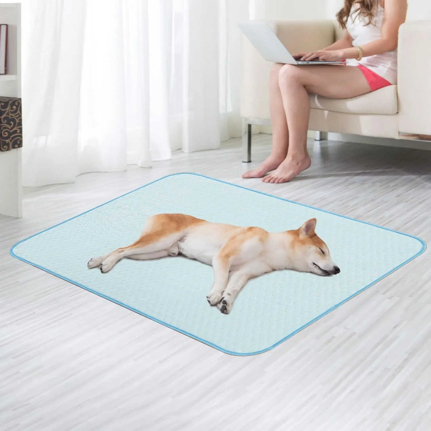 PUPTECK Upgraded Dog Cooling Mat Ice Silk Self Cool Pad for Small Medium Large Dogs and Cats, Non-Slip Pet Bed for Summer or Hot Days Sleeping, Washable & Portable, Solid Light Blue, XL(28"x47")