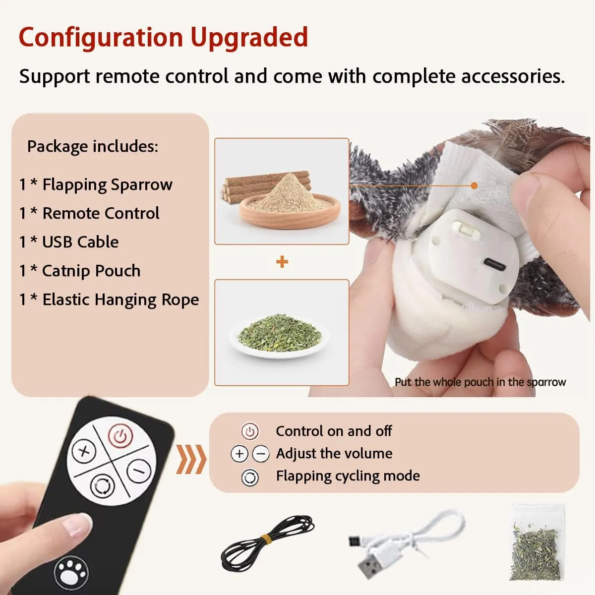 Realistic Cat Toys, Rechargeable Interactive Flappy Bird, Flapping Bird Sparrow, Touch Activated Kitten Toy Cat Exercise Toys, Simulated Chirping Moving Bird Catnip Toys