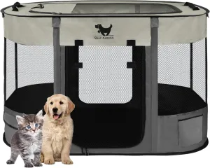 Rest-Eazzzy Dog Playpen, Foldable Kitten Playpen for Medium Dogs, Portable Pet Puppy Playpen with Removable Shade Cover, Indoor Outdoor Travel Camping Use for Small Pets with Carrying Case (S, Grey)