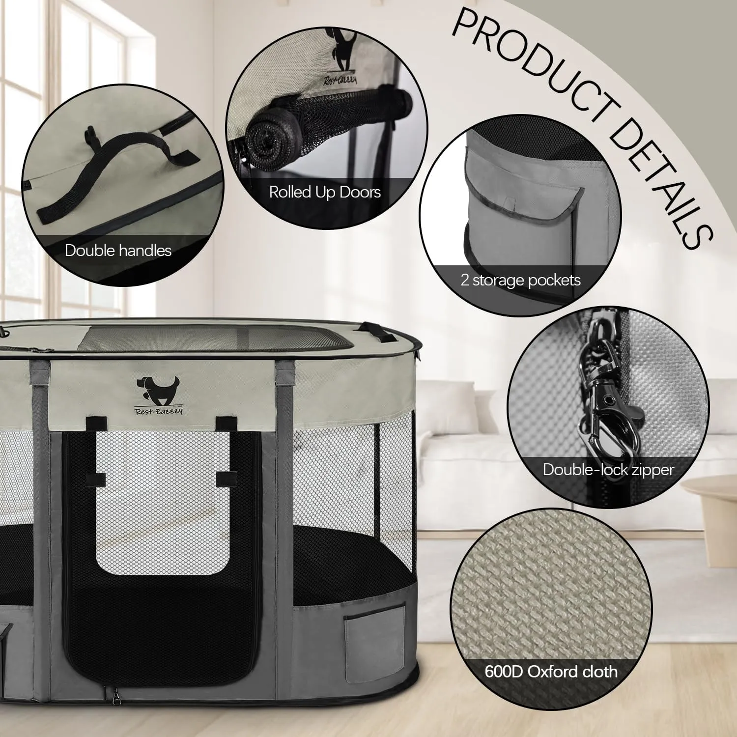 Rest-Eazzzy Dog Playpen, Foldable Kitten Playpen for Medium Dogs, Portable Pet Puppy Playpen with Removable Shade Cover, Indoor Outdoor Travel Camping Use for Small Pets with Carrying Case (S, Grey)
