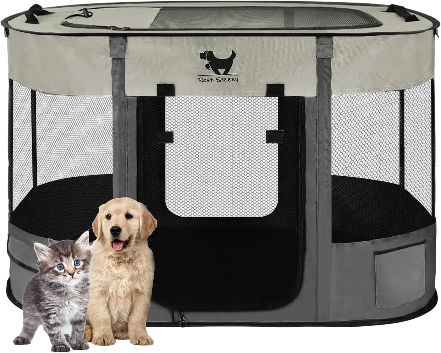 Rest-Eazzzy Dog Playpen, Foldable Kitten Playpen for Medium Dogs, Portable Pet Puppy Playpen with Removable Shade Cover, Indoor Outdoor Travel Camping Use for Small Pets with Carrying Case (S, Grey)