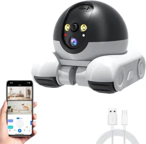 Robot Camera on Wheels with 2MP Dual Lenses, Remote Control Moving for Home Security, 2-Way Talk 1080P WiFi, 360/T 90 Rotation, Night Vision, Treat for Dogs/Cats
