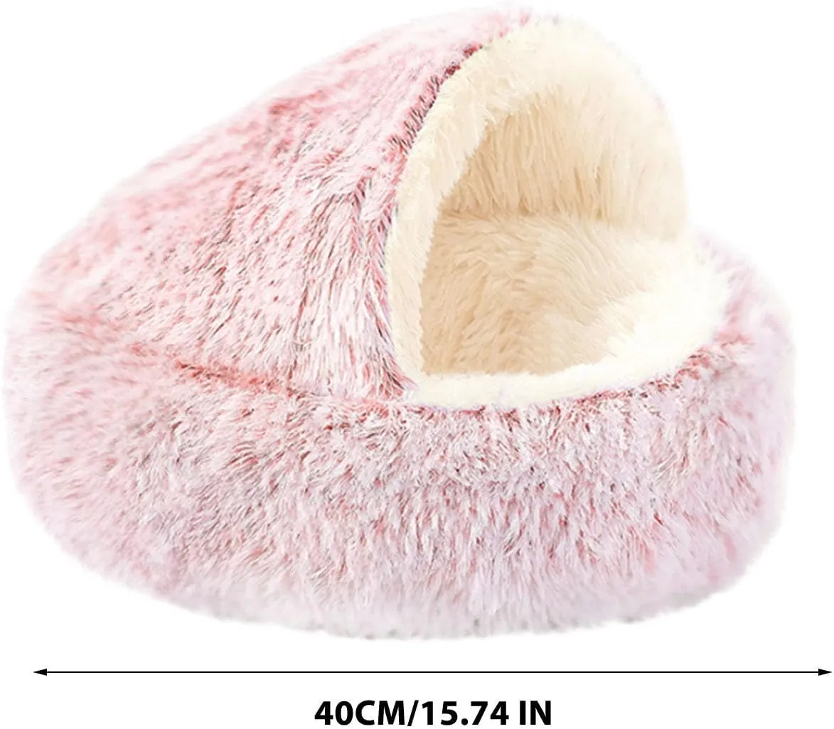 Semi-Enclosed Pet Sleeping Bed - Calming Plush Lined Cave Nest for Small Pets - Washable Cozy Round Winter Warm Bed With Non-Slip Base - 15.74in (Pink)