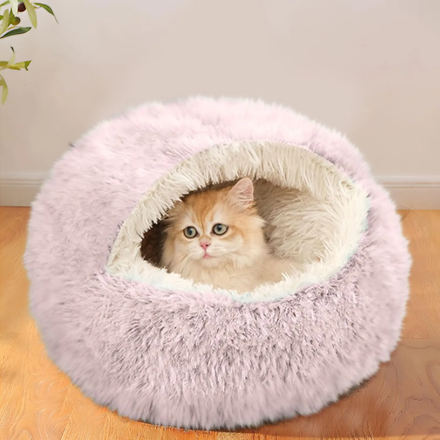 Semi-Enclosed Pet Sleeping Bed - Calming Plush Lined Cave Nest for Small Pets - Washable Cozy Round Winter Warm Bed With Non-Slip Base - 15.74in (Pink)
