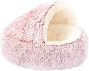 Semi-Enclosed Pet Sleeping Bed - Calming Plush Lined Cave Nest for Small Pets - Washable Cozy Round Winter Warm Bed With Non-Slip Base - 15.74in (Pink)