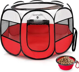 SereneLife Medium Foldable Pet Playpen for Dogs & Cats - Portable 8-Panel Mesh Indoor and Outdoor Pet Tent with Removable Top & Collapsible Bowl, Lightweight Play Space for Small to Medium Pets, Red